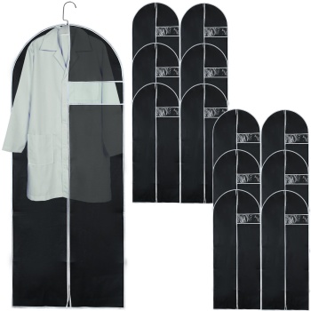 12er-Set Kleiderschutzhüllen Schwarz mit Reissverschluss und Sichtfenster Kleidersack für Anzüge Kostüme Kleider Schutzhülle mit Kleiderbügelöffnung