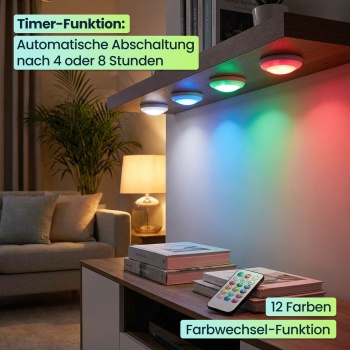 Preview: 4er-Set LED Push-Lichter mit Fernbedienung: 12 Farben, Farbewechsel - Klebe-Leuchten für Schrank, Regale, Vitrine - Nachtlicht dimmbar mit Timer