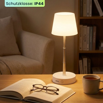 Preview: Edle LED Tischleuchte dimmbar & aufladbar: Akku Nachttischlampe modern, Höhe verstellbar, warmweiss - kabellose Leselampe in Edelstahl-Design