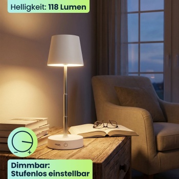 Preview: Edle LED Tischleuchte dimmbar & aufladbar: Akku Nachttischlampe modern, Höhe verstellbar, warmweiss - kabellose Leselampe in Edelstahl-Design