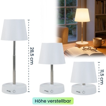 Preview: 2er-Set Edle LED Tischleuchte dimmbar & aufladbar: Akku Nachttischlampe modern, Höhe verstellbar, warmweiss - kabellose Leselampe in Edelstahl-Design