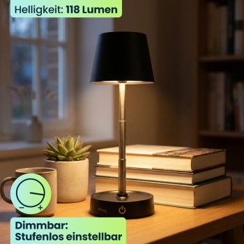 Preview: Edle LED Tischleuchte dimmbar & aufladbar: Akku Nachttischlampe modern, Höhe verstellbar, warmweiss - kabellose Leselampe in Edelstahl-Design