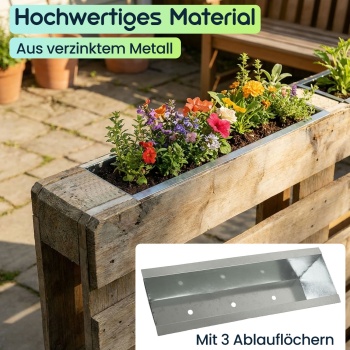 Preview: 2er-Set Premium Pflanzkasten für Europaletten aus verzinktem Metall, Paletteneinsatz mit 3 Ablauflöchern, Blumenkasten für Palettenmöbel, Silber