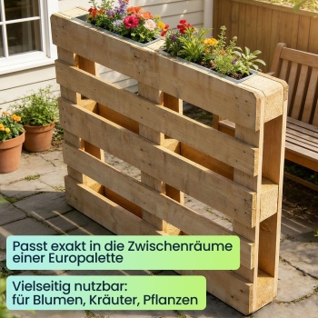 Preview: 6er-Set Premium Pflanzkasten für Europaletten aus verzinktem Metall, Paletteneinsatz mit 3 Ablauflöchern, Blumenkasten für Palettenmöbel, Silber