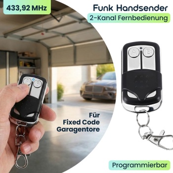 Preview: Funk Handsender 433,92 MHz für Fixed Code Garagentore, 2-Kanal Fernbedienung programmierbar, AM/FM Modulation, inklusive Schlüsselanhänger