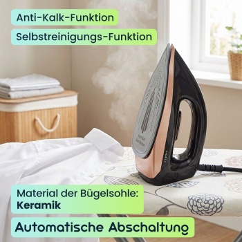 Preview: Leistungsstarke Dampfbügelstation, 7 Bar, 2400W, schwarz – Keramik Bügelsohle, Anti-Kalk, Selbstreinigung, schnelles & effektives Bügeln