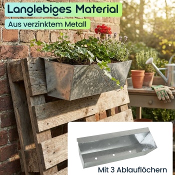 Preview: 6er-Set Premium Pflanzkasten für Europaletten mit Hängeschiene aus verzinktem Metall,  Paletteneinsatz & Balkonkasten für Geländer bis 2,5 cm Breite, Silber