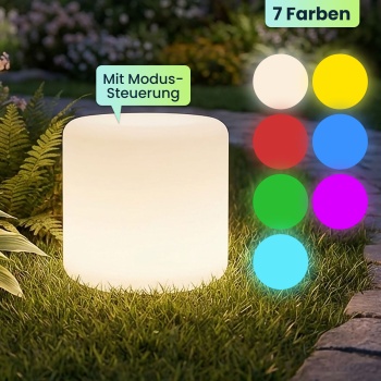 Preview: 2er-Set Moderne LED Solar Zylindrische Tischlampe & Gartenleuchte mit Erdspiess, RGBW Farbwechsel, USB aufladbar, IP44 wetterfest 