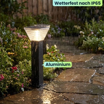 Preview: 4er-Set Premium Solar Säulen-Wegeleuchte 60cm aus Aluminium in Schwarz, 300lm, IP65 wasserfest, 360° Abstrahlung, 2 Lichtfarben & Leuchtmodi, Gartenlampe