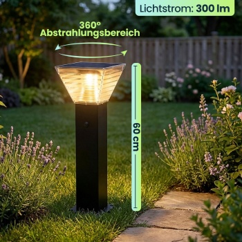 Preview: 6er-Set Premium Solar Säulen-Wegeleuchte 60cm aus Aluminium in Schwarz, 300lm, IP65 wasserfest, 360° Abstrahlung, 2 Lichtfarben & Leuchtmodi, Gartenlampe