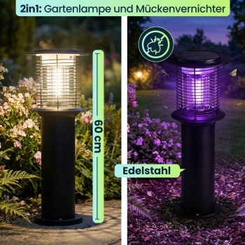 Preview: 2er-Set Solar Gartenlampe mit Mückenvernichter aus Edelstahl, 2in1 LED Wegeleuchte Schwarz, Warmweiss 300lm & UV Insektenschutz 15lm, IP44, 25 x 60 cm