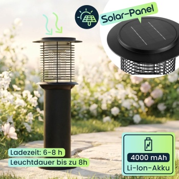 Preview: 2er-Set Solar Gartenlampe mit Mückenvernichter aus Edelstahl, 2in1 LED Wegeleuchte Schwarz, Warmweiss 300lm & UV Insektenschutz 15lm, IP44, 25 x 60 cm