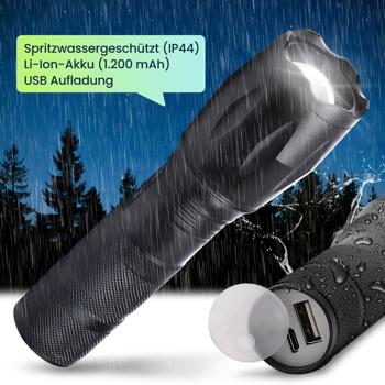 Preview: Wiederaufladbare Cree LED-Taschenlampe (260lm) mit Powerbank – USB-Taschenlampe IP44, Zoom & 200m Leuchtweite