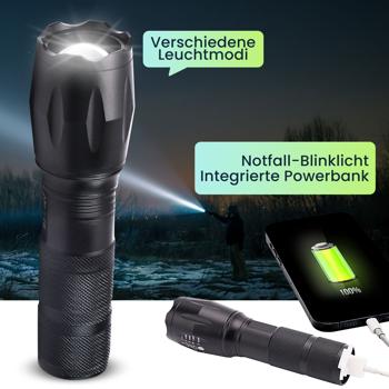 Preview: Wiederaufladbare Cree LED-Taschenlampe (260lm) mit Powerbank – USB-Taschenlampe IP44, Zoom & 200m Leuchtweite