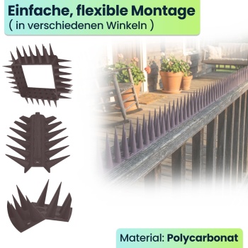 Preview: 12er Set Taubenspikes Braun 5,4m - Effektive Vogelabwehr aus Polycarbonat - 3-reihige Abwehrspikes gegen Tauben, Möwen, Marder, Katzen & Eichhörnchen
