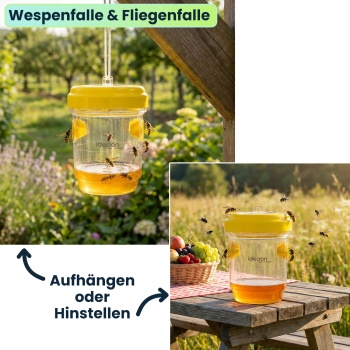 Preview: Wespenfalle & Fliegenfalle 4er-Set zum Aufhängen oder Hinstellen, Giftfreie Insektenfalle Gelb, Wiederbefüllbar & Effektiv für Garten und Balkon
