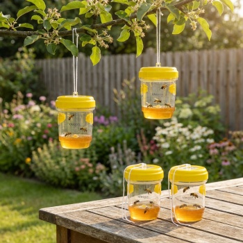 Wespenfalle & Fliegenfalle 4er-Set zum Aufhängen oder Hinstellen, Giftfreie Insektenfalle Gelb, Wiederbefüllbar & Effektiv für Garten und Balkon