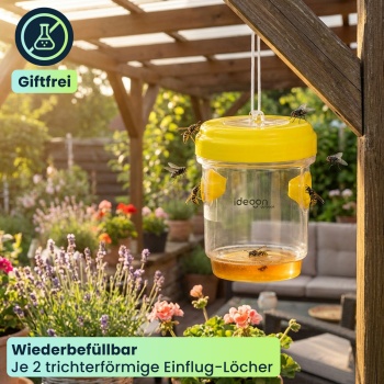 Preview: Wespenfalle & Fliegenfalle 8er-Set zum Aufhängen oder Hinstellen, Giftfreie Insektenfalle Gelb, Wiederbefüllbar & Effektiv für Garten und Balkon