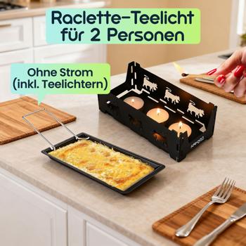 Preview: 3er-Set Faltbares Raclette-Teelicht für 1-2 Personen, Raclette Set ohne Strom inkl. Teelichtern und Schaber, Metall mit originell ausgestanzten Kühen, antihaftbeschichtet