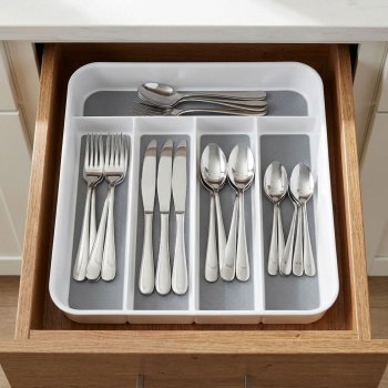 Preview: Besteckeinsatz mit Antirutsch-Boden: Robuster Schubladen-Organizer für Küche - Modernes Weiss-Grau Design