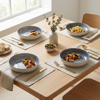 Speiseteller 4er-Set Ø22,5 x 5 cm aus robustem Steinzeug, Sandfarbe/Blau - Essteller für Hauptspeisen & Snacks. Perfekt für den modernen Esstisch