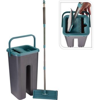 Preview: Wischmopp und Eimer mit Auswringer Set, Doppelfach-Eimer für sauberes Wasser, 112cm Metallstiel, Mikrofaserwischpad, Bodenwischer für alle Hartböden