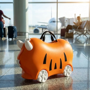 Preview: Robuster Kinder Trolley Hartschalenkoffer Orange – Stabiler Koffer mit Sitzfunktion für Mädchen & Jungen, Buntes Kindergepäck mit Rollen