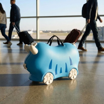 Robuster Kinder Trolley Hartschalenkoffer Blau – Stabiler Koffer mit Sitzfunktion für Mädchen & Jungen, Buntes Kindergepäck mit Rollen