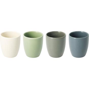 Preview: 4er Becher Set Steingut 180ml, 4 Farben - Rustikale Kaffeebecher & Teetassen ohne Henkel für Heissgetränke, Kaffee & Espresso