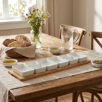 Preview: Edles Servier-Set, 8 Porzellan-Schalen auf Bambustablett, weiss - Tapas-& Apéro-Tablett für stilvolles Anrichten & Servieren