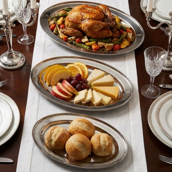 Preview: Edelstahl Servierplatten Set 3-tlg Oval, Silber – Rostfreie Tabletts zum Anrichten von Braten, Fisch & Buffet – Hochwertige Platten 34-45cm