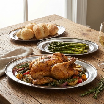 Preview: Edelstahl Servierplatten Set 3-tlg Oval, Silber – Rostfreie Tabletts zum Anrichten von Braten, Fisch & Buffet – Hochwertige Platten 34-45cm