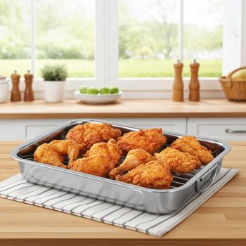 Preview: Backofen Bräter aus Edelstahl mit Rost & Griffen - zum Braten & Backen von Fleisch, Fisch oder Gemüse - Bratschlitten für Elektro- & Gasöfen
