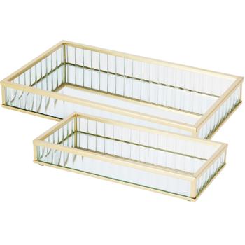 Preview: Luxuriöses 2er-Set Deko-Tabletts aus Glas & Metall, Gold – Rechteckiges Schmuck- & Serviertablett, Kosmetik Ablage – Ideal für Bad & Schminktisch