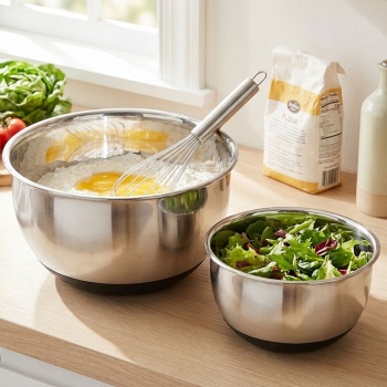 Preview: Profi Rührschüssel-Set 2-teilig aus Edelstahl – Salatschüssel mit rutschfestem Silikonboden – Stapelbare Küchenschüsseln Ø 16,7 cm & 20,5 cm 
