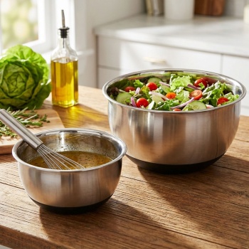 Preview: Profi Rührschüssel-Set 2-teilig aus Edelstahl – Salatschüssel mit rutschfestem Silikonboden – Stapelbare Küchenschüsseln Ø 16,7 cm & 20,5 cm 
