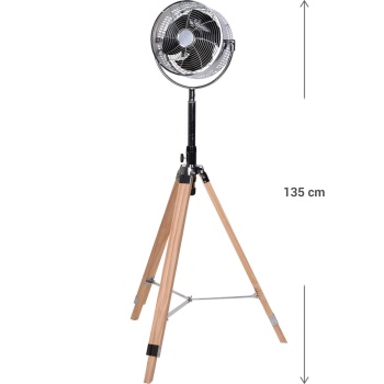 Preview: Design Stativventilator Holz & Metall, 80 Watt Standventilator Höhenverstellbar 85-135cm, 3 Stufen, 30cm Ventilator-Kopf