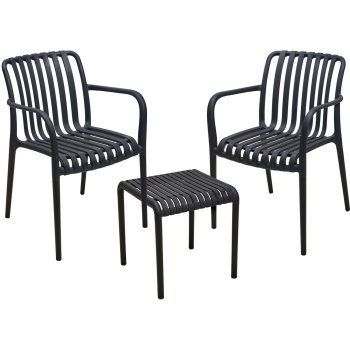 Modernes Bistro-Set: 2 Gartenstühle mit Armlehnen & ein schicker Beistelltisch, Schwarz – aus robustem Kunststoff, wetterfest, stilvoll & stabil 
