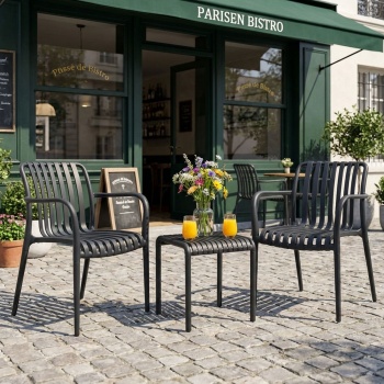 Preview: Modernes Bistro-Set: 2 Gartenstühle mit Armlehnen & ein schicker Beistelltisch, Schwarz – aus robustem Kunststoff, wetterfest, stilvoll & stabil 
