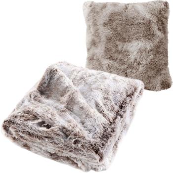 Preview: 2er-Set Superweiche Kuscheldecke 180 x 220 cm & Flauschiges Dekokissen 45 x 45 cm in Felloptik, Schokobraun - Für gemütliche Stunden auf dem Sofa