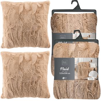 Preview: 4er-Set Kuschelige Sofadecken 180 x 220 cm & 125 x 150 cm und 2 Flauschige Kuschelkissen 45 x 45 cm in Felloptik, Sandfarbe - Für Wohlfühl-Momente