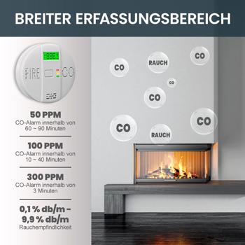 Preview: 2er-Set Sicherer CO & Rauchmelder Kombigerät Air-Guard Duo, 85dB. Zuverlässiger Brand- & Kohlenmonoxidalarm mit digitalem LCD, Test- & Stummschaltfunktion