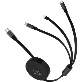 Preview: 3in1 Roll-Ladekabel: 100W Power für Android & iPhone. 1m ausziehbar, extrem robust & ohne Kabelsalat - USB-C Lightning Micro Schnellladekabel