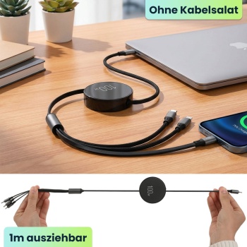 Preview: 3in1 Roll-Ladekabel: 100W Power für Android & iPhone. 1m ausziehbar, extrem robust & ohne Kabelsalat - USB-C Lightning Micro Schnellladekabel