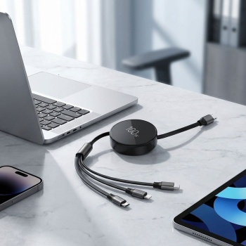 3in1 Roll-Ladekabel: 100W Power für Android & iPhone. 1m ausziehbar, extrem robust & ohne Kabelsalat - USB-C Lightning Micro Schnellladekabel