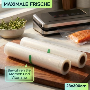 Preview: Vakuumierfolien Rollen 28x300cm Profi-Set – 2 Rollen Vakuumierschläuche für länger haltbare & frische Lebensmittel - Schutz vor Gefrierbrand