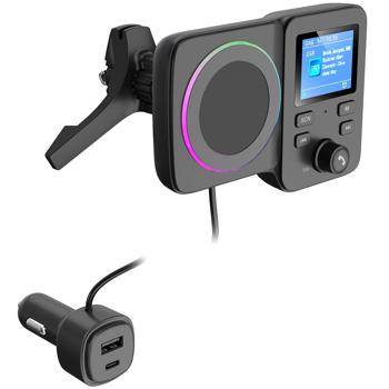 Preview: DAB+ FM Transmitter Auto Adapter – Bluetooth Freisprecheinrichtung, Qi 15W Schnell-Laden & Magnet-Halter – Dual USB QC 3.0/PD & TFT-Display