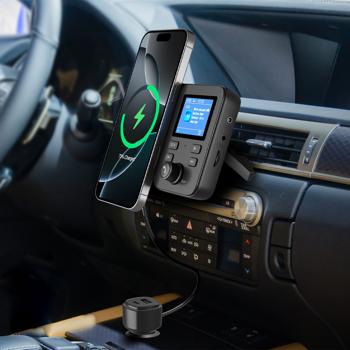 Preview: DAB+ FM Transmitter Auto Adapter – Bluetooth Freisprecheinrichtung, Qi 15W Schnell-Laden & Magnet-Halter – Dual USB QC 3.0/PD & TFT-Display