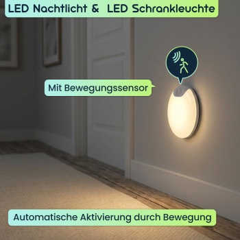 Preview: 2er-Set LED Schrankleuchte mit Bewegungssensor – Wiederaufladbares Nachtlicht, Magnetisch & Kabellos – Ideal als Treppenlicht & für Kleiderschrank