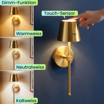 Preview: 4er-Set Elegante LED Wandleuchte kabellos mit Fernbedienung: Akku Wandlampe dimmbar in Gold, USB aufladbar mit Timer & Touch-Sensor